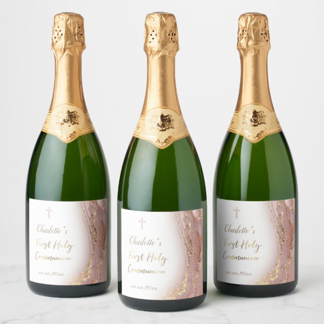 pink fluid marble First Communion Sparkling Wine Label (Bottles)
