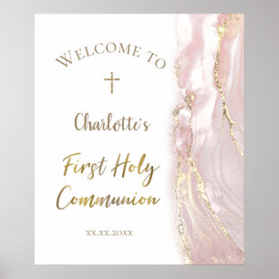 pink fluid marble   First Communion welcome sign