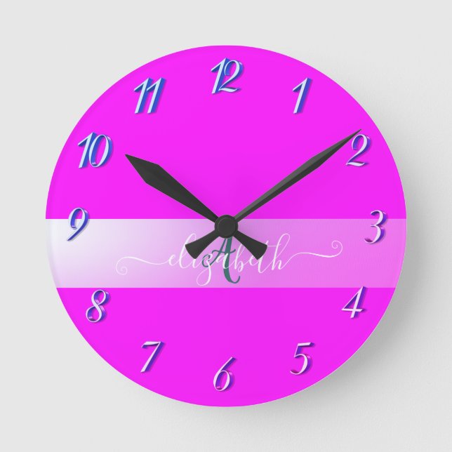 Pink Fluorescent Monogram    Round Clock (Front)