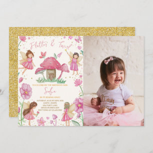 Pink Flutter and Twirl Fairy Birthday Photo Invitation