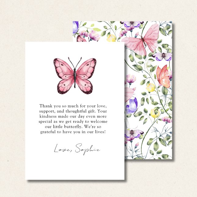 Pink Fluttering Butterfly Greenery  Thank You Card (Creator Uploaded)