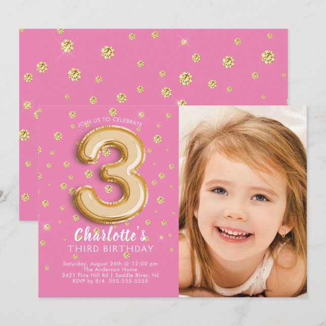 Pink Foil Balloon Photo 3rd Birthday Invitation (Front/Back)