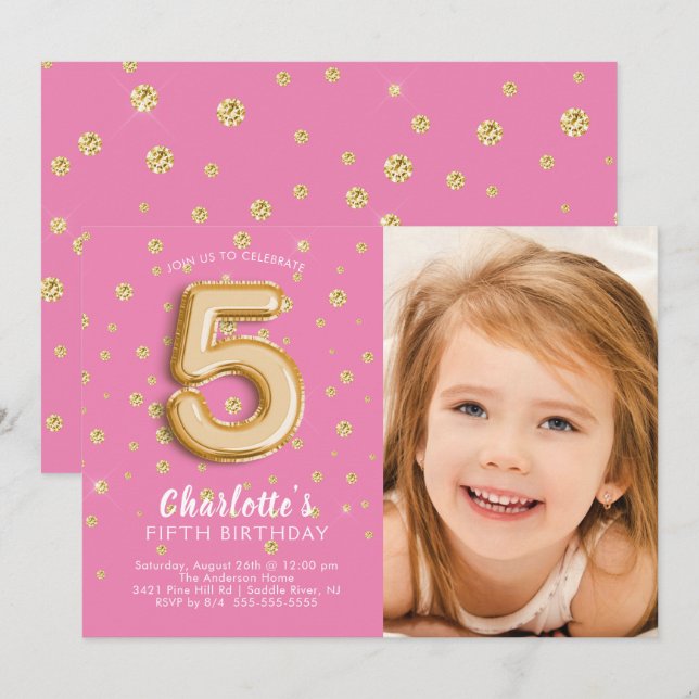 Pink Foil Balloon Photo 5TH Birthday Invitation (Front/Back)