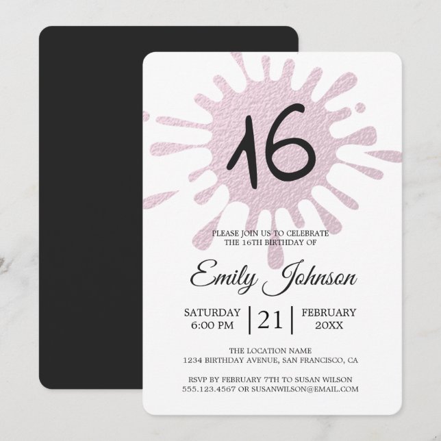 Pink Foil Splash Sweet 16 16th Birthday Party Invitation (Front/Back)