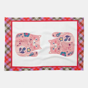 Pink Folk Art Kitty Kitchen Towel