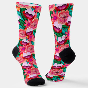 Pink Folkart Summer Bloom Flowers Socks