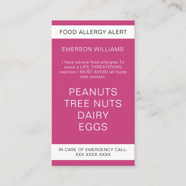 Pink Food Allergy Alert Personalized Chef Card (Front)