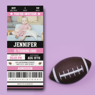 Pink Football Ticket Girl Birthday Party Photo Invitation