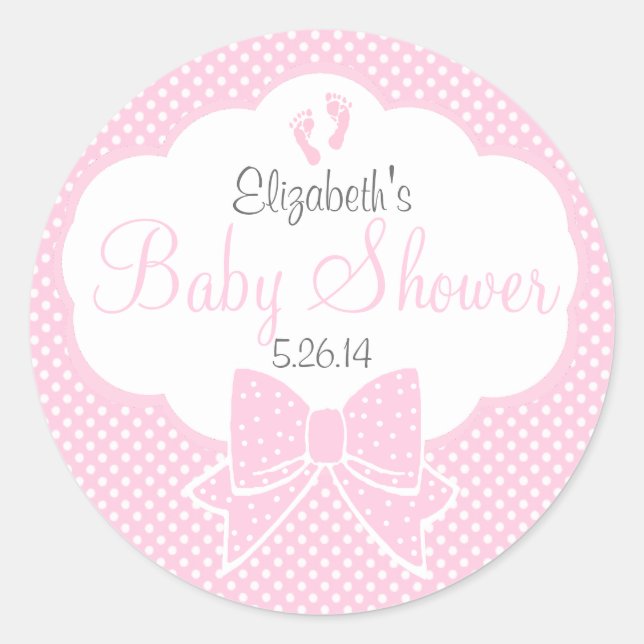 Pink Footprints Bow and Swiss Dots Baby Shower Classic Round Sticker (Front)
