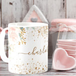 Pink forals eucalyptus gold sparkles name coffee mug<br><div class="desc">A chic white background. Decorated with blush pink florals, flowers (roses)and green watercolored eucalyptus leaves, sprigs, greenery and faux gold sprigs. Golden sparkles. Personalize and add a name. The name is written with a modern hand lettered style script with swashes. To keep the swashes only delete the sample name, leave...</div>