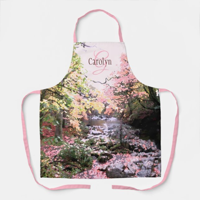Pink forest glade, pretty stream, personalized apron (Front)