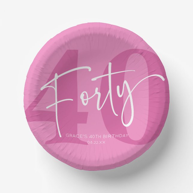 Pink Forty 40th Fortieth Birthday Party Paper Plate (Front)