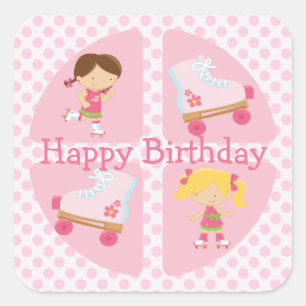 Pink Four Square Rollerskating Birthday Sticker