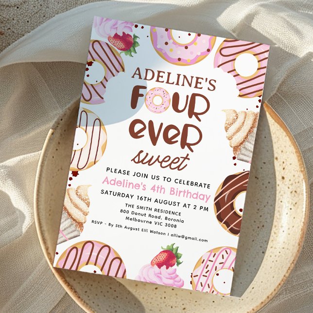 Pink Fourever Sweet Donut 4th Birthday Party  Invitation (Girls Four Ever Sweet 4th Birthday Invitation Donut Birthday Invitation Pink Donut Sweets Themed)