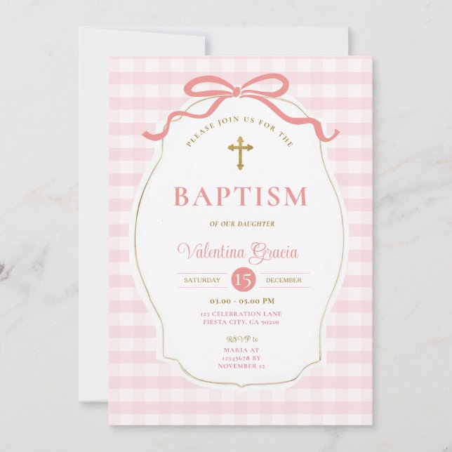 Pink Frame Border Girl Baptism Cross Invitation (Front)