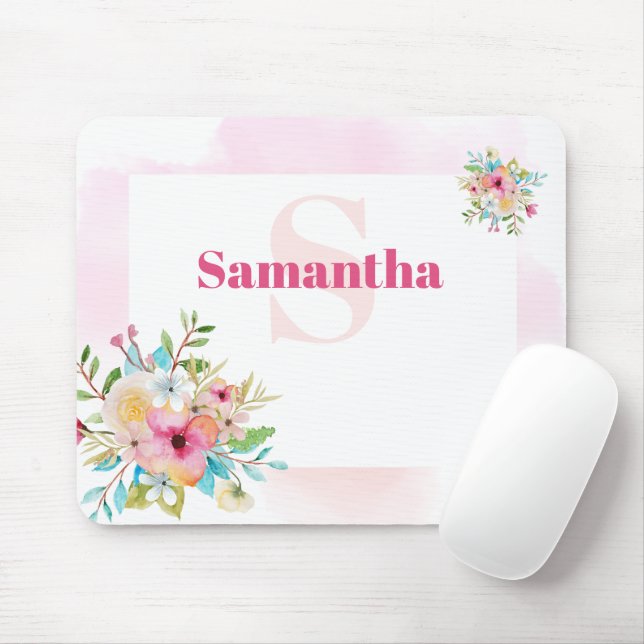 Pink Frame Watercolor Floral Custom Monogram Mouse Pad (With Mouse)