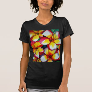Pink Frangipani flower on black t-shirt