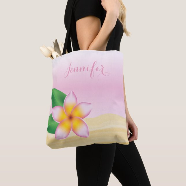 Pink Frangipani Flower With Personalized Name Tote Bag (Close Up)