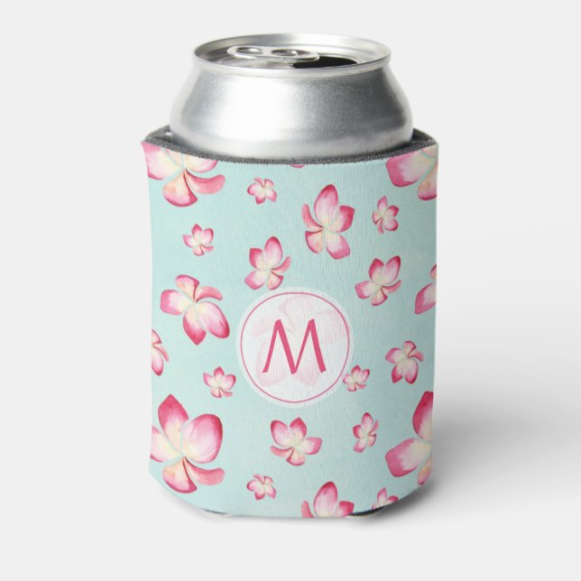 Pink Frangipani Monogram Aqua Can Cooler (Can Back)