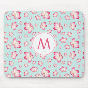 Pink Frangipani Monogram Aqua Mouse Pad