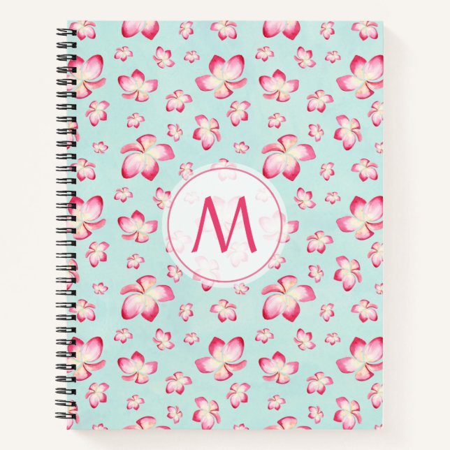 Pink Frangipani Monogram Aqua Notebook (Front)