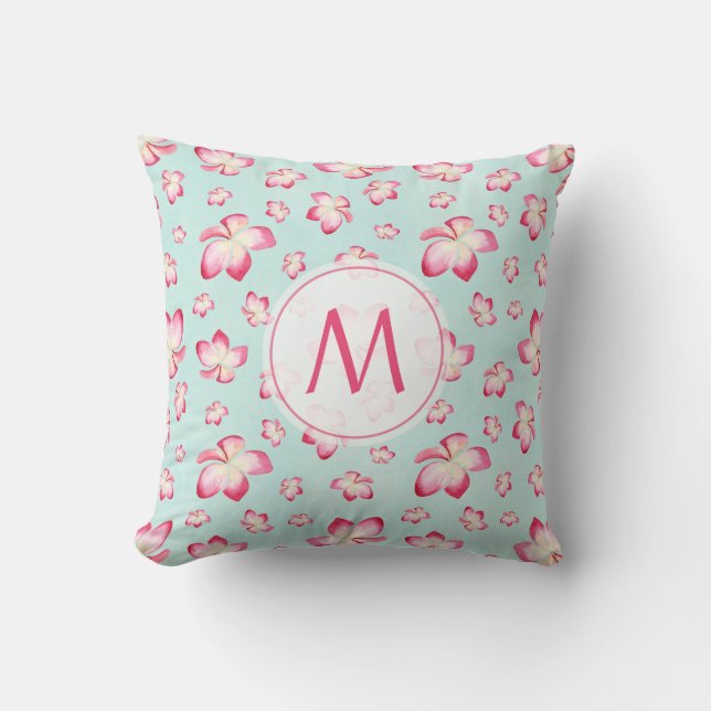 Pink Frangipani Monogram Throw Pillow (Front)
