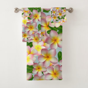 Pink Frangipani Plumeria Flowers Bath Towel Set