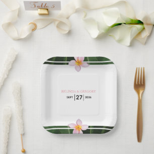 Pink Frangipani Plumeria Wedding Paper Plate