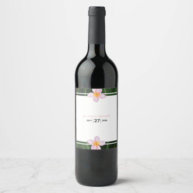 Pink Frangipani Plumeria Wedding Wine Label (Front)