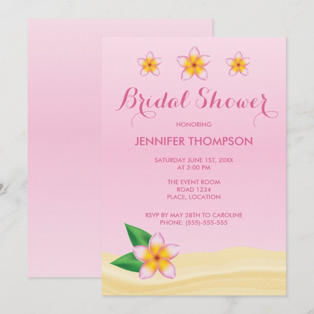 Pink Frangipani Tropical Flower Bridal Shower Invitation (Front/Back)