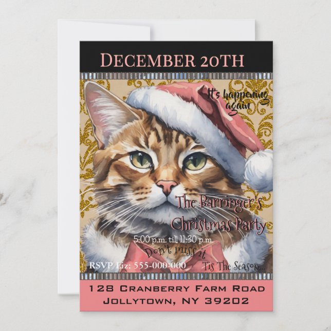 Pink French Kitty Holiday Cute Annual Christmas   Invitation (Front)