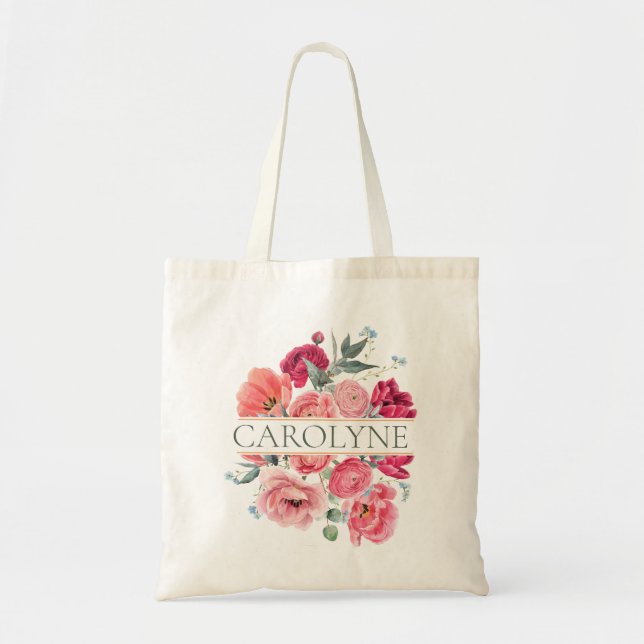 Pink French Peonies Floral Bridesmaid Monogram Tote Bag (Front)