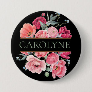 Pink French Peonies Floral Monogram 3 Inch Round Button