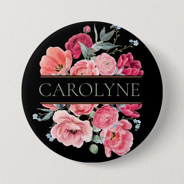 Pink French Peonies Floral Monogram 3 Inch Round Button (Front)