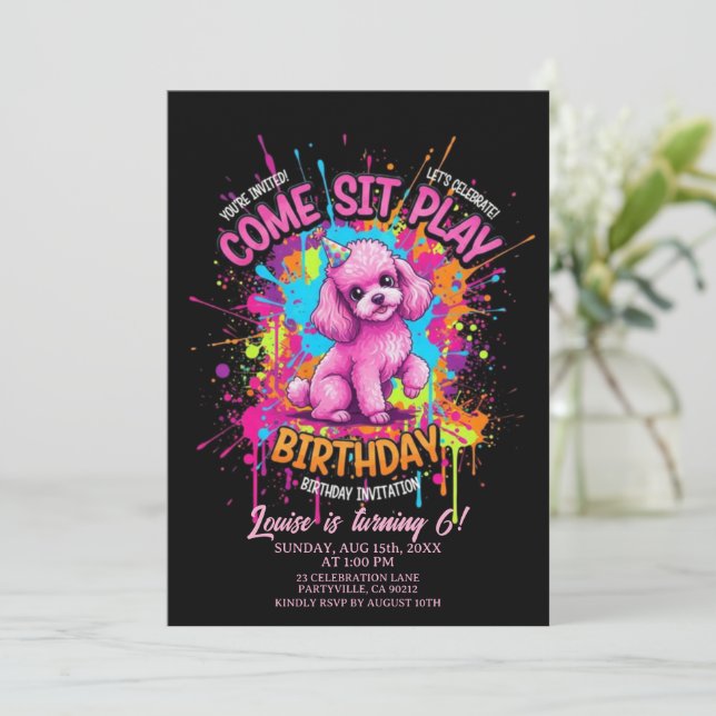 Pink French Poodle Come Sit Play Birthday  Invitation (Standing Front)