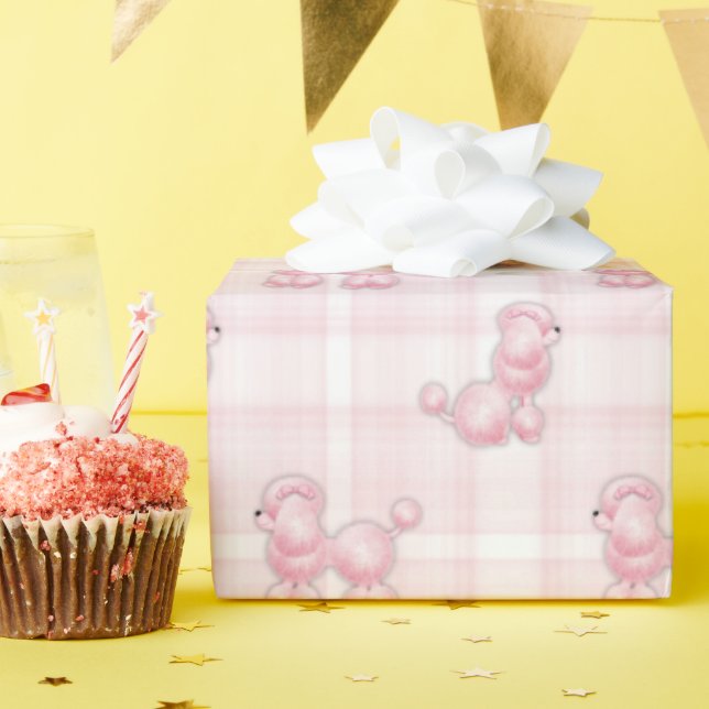 Pink French Poodles On Plaid Wrapping Paper (Birthday Party)