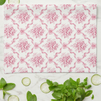 Pink French Ribbon Trellis Floral Bouquet lattice Kitchen Towel