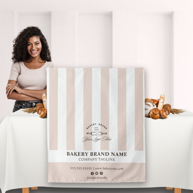 Pink French Stripes Bakery Logo Table Runner  Tapestry (Creator Uploaded)