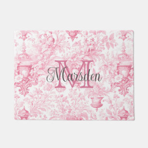 Pink French Toile de Jouy Monogram Initial Name Doormat