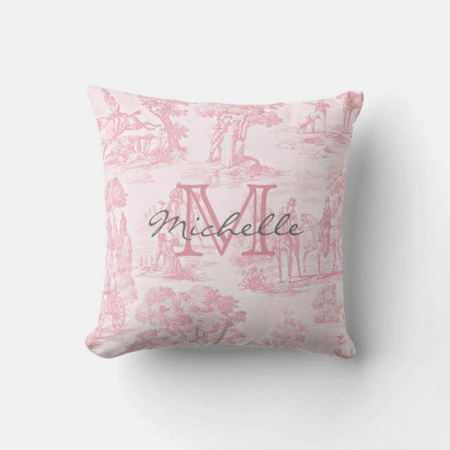 Pink French Toile Monogram Initial Name Throw Pillow (Front)