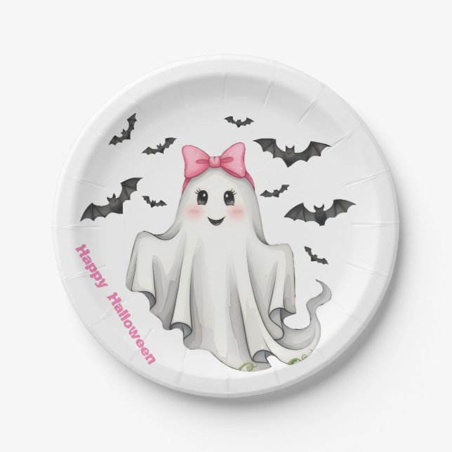 Pink Friendly Girl Ghost with Bats Flying  Paper Plate (Front)