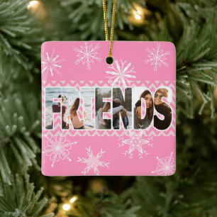 Pink Friends Photo Snowflakes Personalized Ceramic Ornament