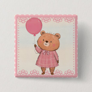 Pink Fringe Dress Bear with Pink Balloon 2 Inch Square Button