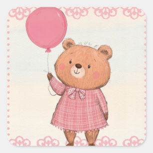 Pink Fringe Dress Bear with Pink Balloon Square Sticker