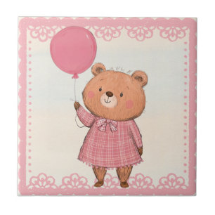 Pink Fringe Dress Bear with Pink Balloon Tile