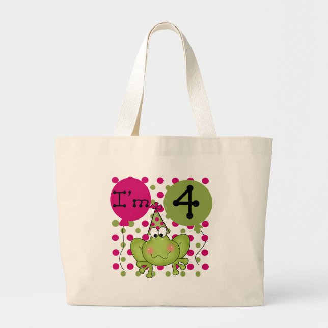Pink Frog 4th Birthday Tshirts and Gifts Large Tote Bag (Front)