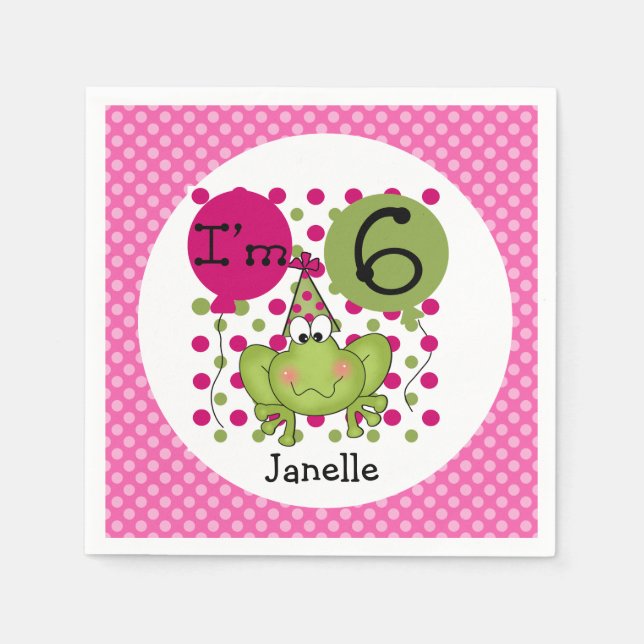 Pink Frog 6th Birthday Paper Napkins (Front)