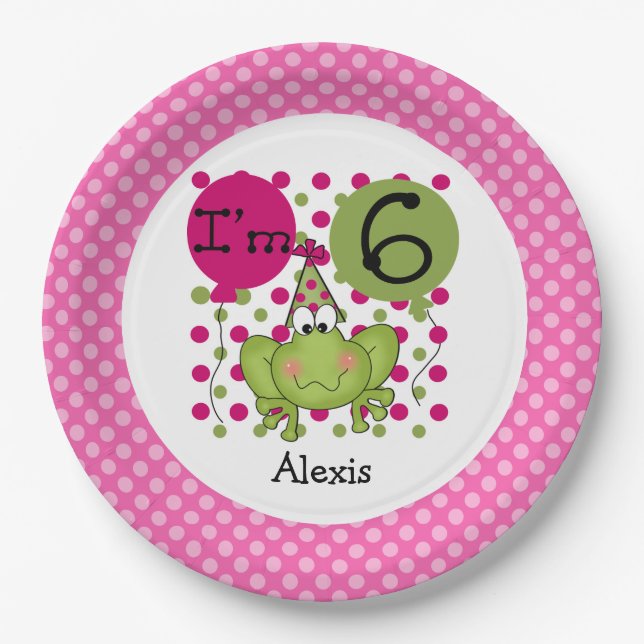 Pink Frog 6th Birthday Paper Plates (Front)