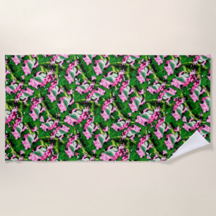 Pink Frog On Green Leaf Pattern Design Beach Towel