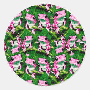 Pink Frog On Green Leaf Pattern Design Classic Round Sticker